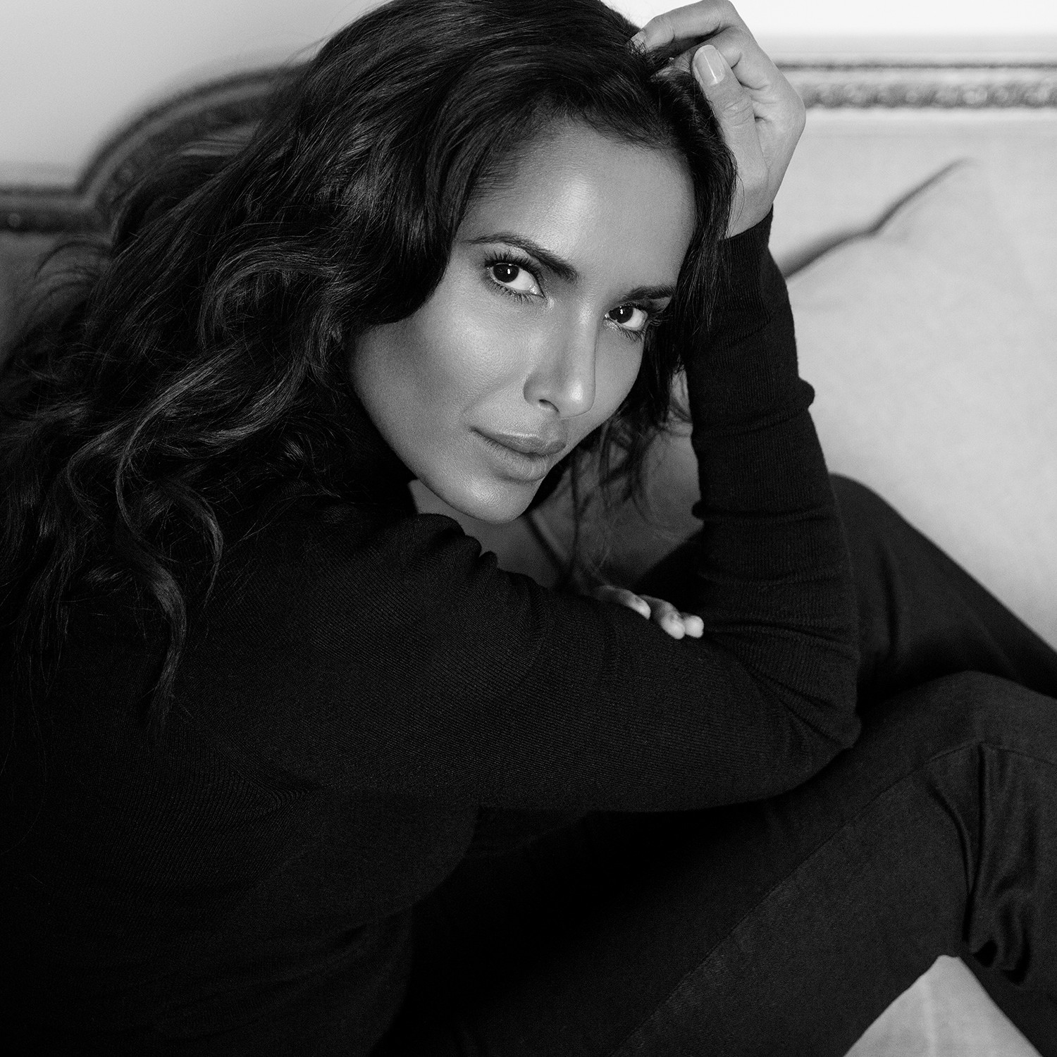 Black and white headshot of chef and author Padma Lakshmi