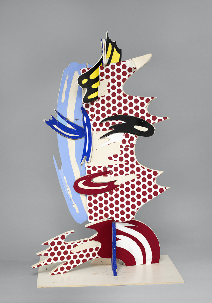 Roy Lichtenstein, Barcelona Head (Maquette), 1987. Cut painted paper, cut printed paper, graphite pencil on foamcore, T-pins, ball head pins. 36 13/16 x 22 1/8 x 15 inches (93.5 x 56.2 x 38.1 cm). © Roy Lichtenstein Foundation. Dallas Museum of Art and Nasher Sculpture Center, gift of the Roy Lichtenstein Foundation in Celebration of the Centennial of Roy Lichtenstein