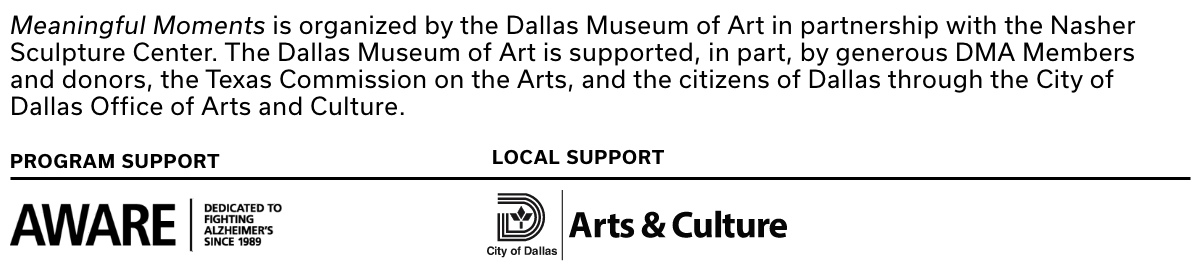 Credit Line for the Meaningful Moments Program, Meaningful Moments is organized by the Dallas Museum of Art in partnership with the Nasher Sculpture Center. The Dallas Museum of Art is supported, in part, by the generous DMA Members and donors, the Texas Commission on the Arts, and the citizens of Dallas through the City of Dallas Office of Arts and Culture. Program Support provided by AWARE North Texas.  